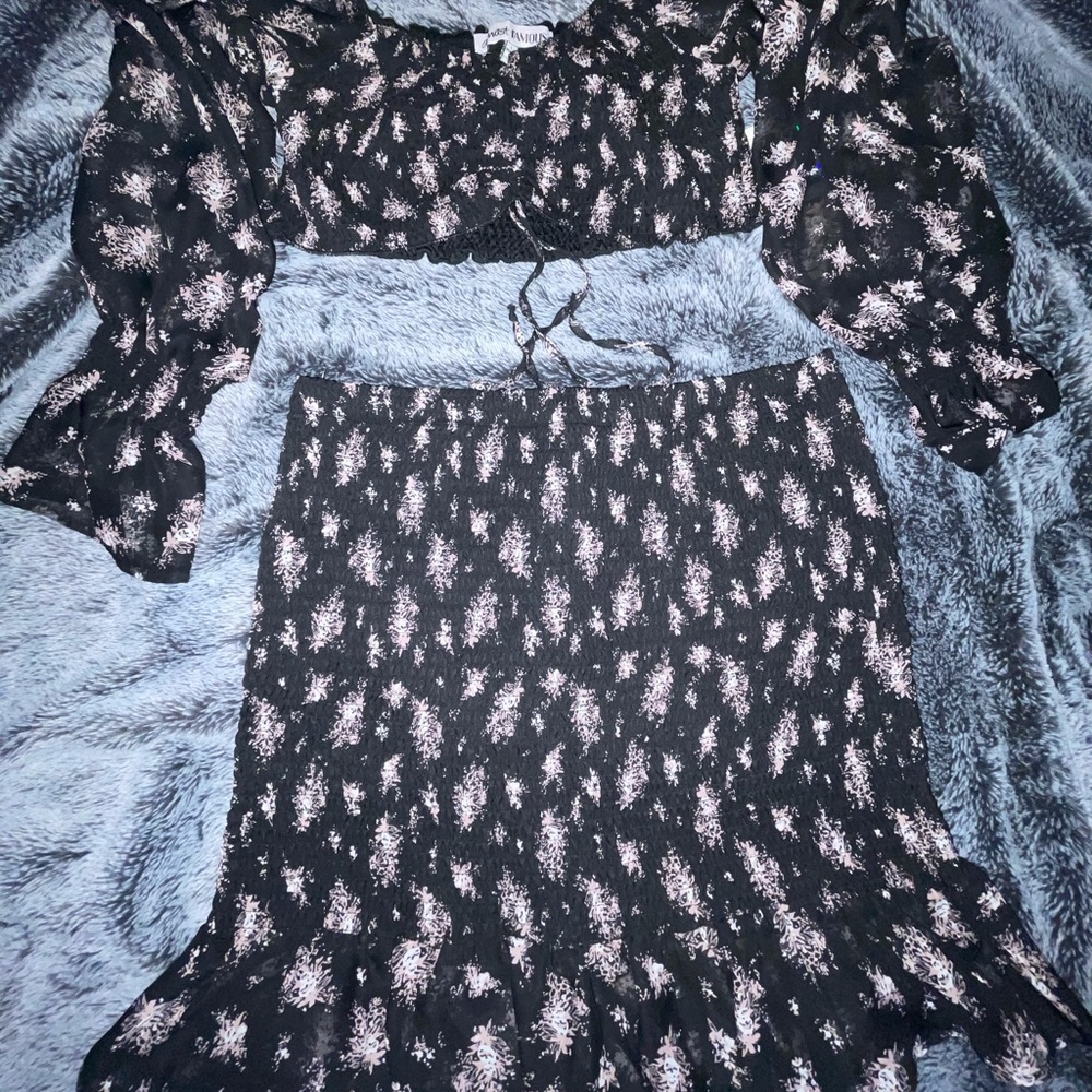 Black Floral Print Ruched Smock 2 piece set
